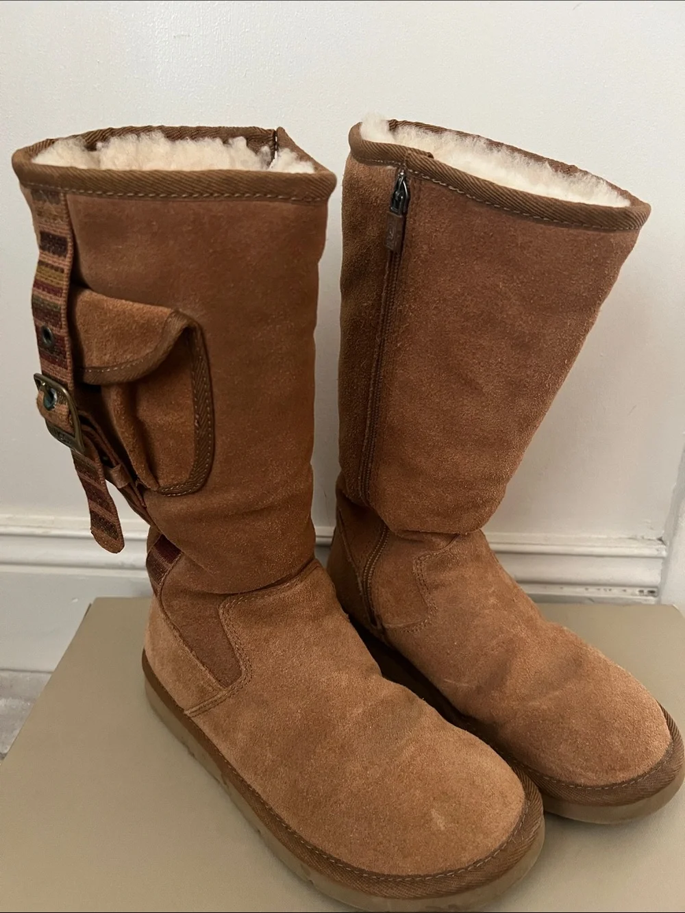 UGG Tall Chestnut Brown Suede Shearling Boots with Side Pocket Strap